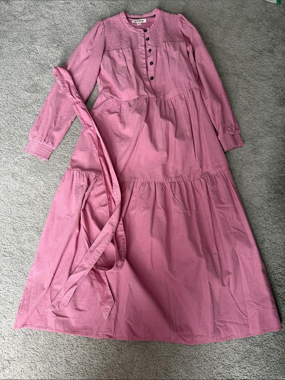 Boden Pink Tiered Long-Sleeve Smocked Yoke Dress
